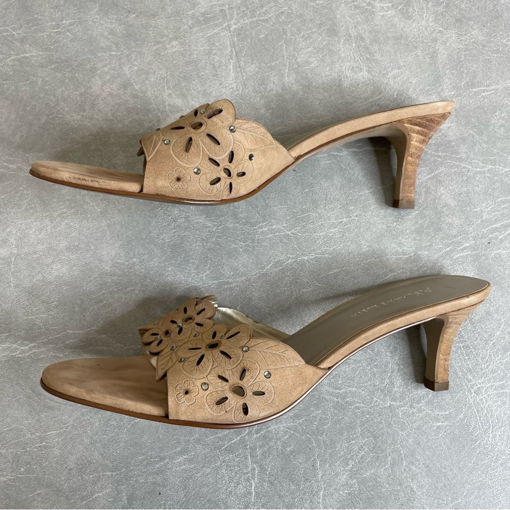 Anne Klein Tan Perforated Leather Floral Heels with Rhinestone Embellishment - Picture 4 of 11
